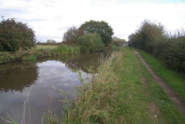 Trent & Mersey Canal, near Willington. Just below Willington the canal runs in a straight line parallel with the Birmingham - Derby railway.