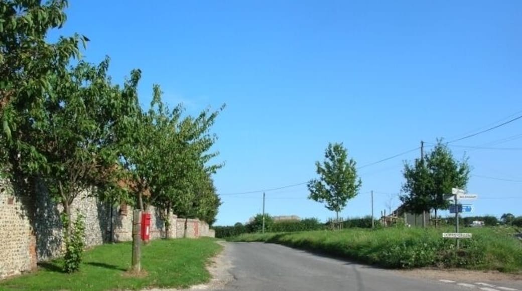 Wighton This is one end of Wighton, on the eastern side of the River Stiffkey (a small stream here). To the right leads to Great Walsingham, to the left to Binham.