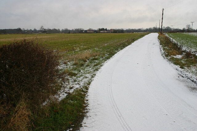 A snow-covered rural road flanked by fields and power lines.