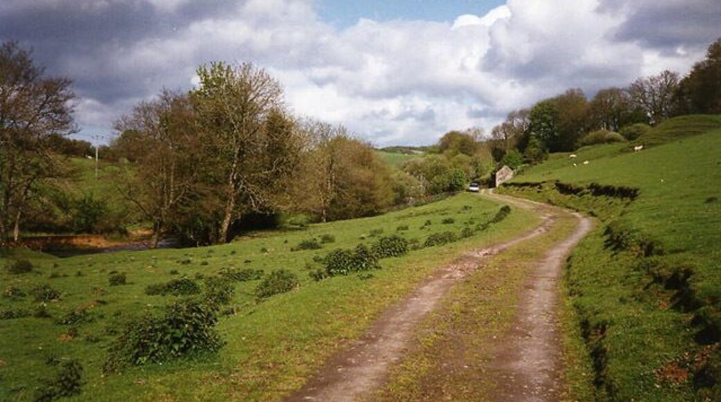 Cutcombe: near Luckwell Bridge. A footpath and bridleway leads to West Mill and on to Wheddon Cross, by the river Quarme. Since this photograph was taken the fields have been fenced in. The track follows the course of the leat to the mill, now filled in
