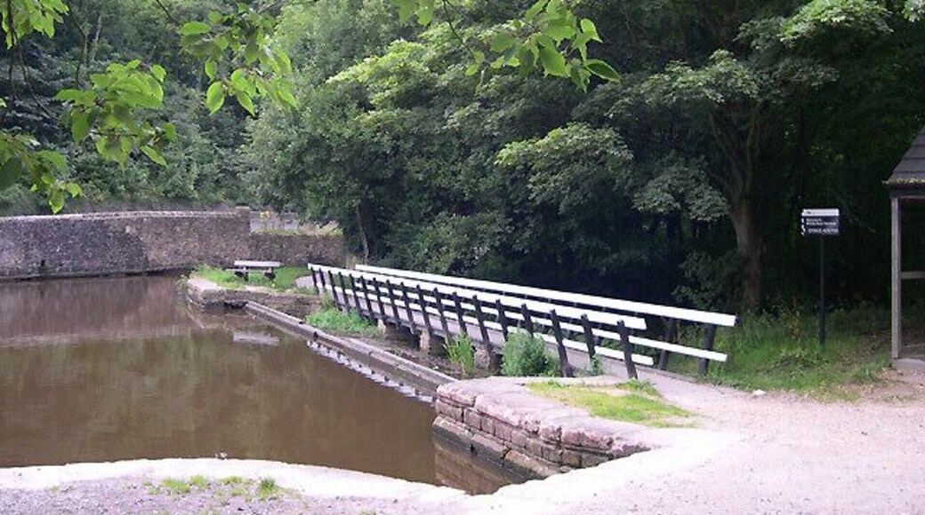 Causeway across Canal Overflow, Whaley Bridge, Derbyshire The canal terminates here in Whaley Bridge basin.