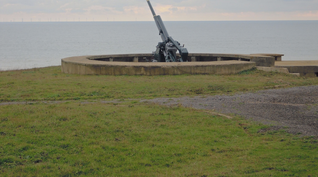 Photograph of the restored gun battery with a WW2 3.7 Inch Anti-Aircraft gun at the Muckleburgh Military Collection, Weybourne, Norfolk, UK.