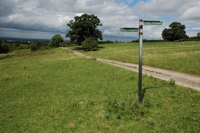 Footpath sign in the middle of a field This is an unusual sight, that of a footpath sign in the middle of a field beside a farm track to Park Farm, near Saintbury.