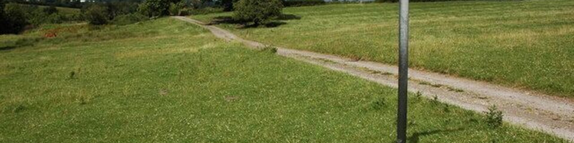 Un campo cubierto de hierba con un sendero de tierra y un cartel que indica direcciones a 'Public Footpath' y 'Plumroot'.