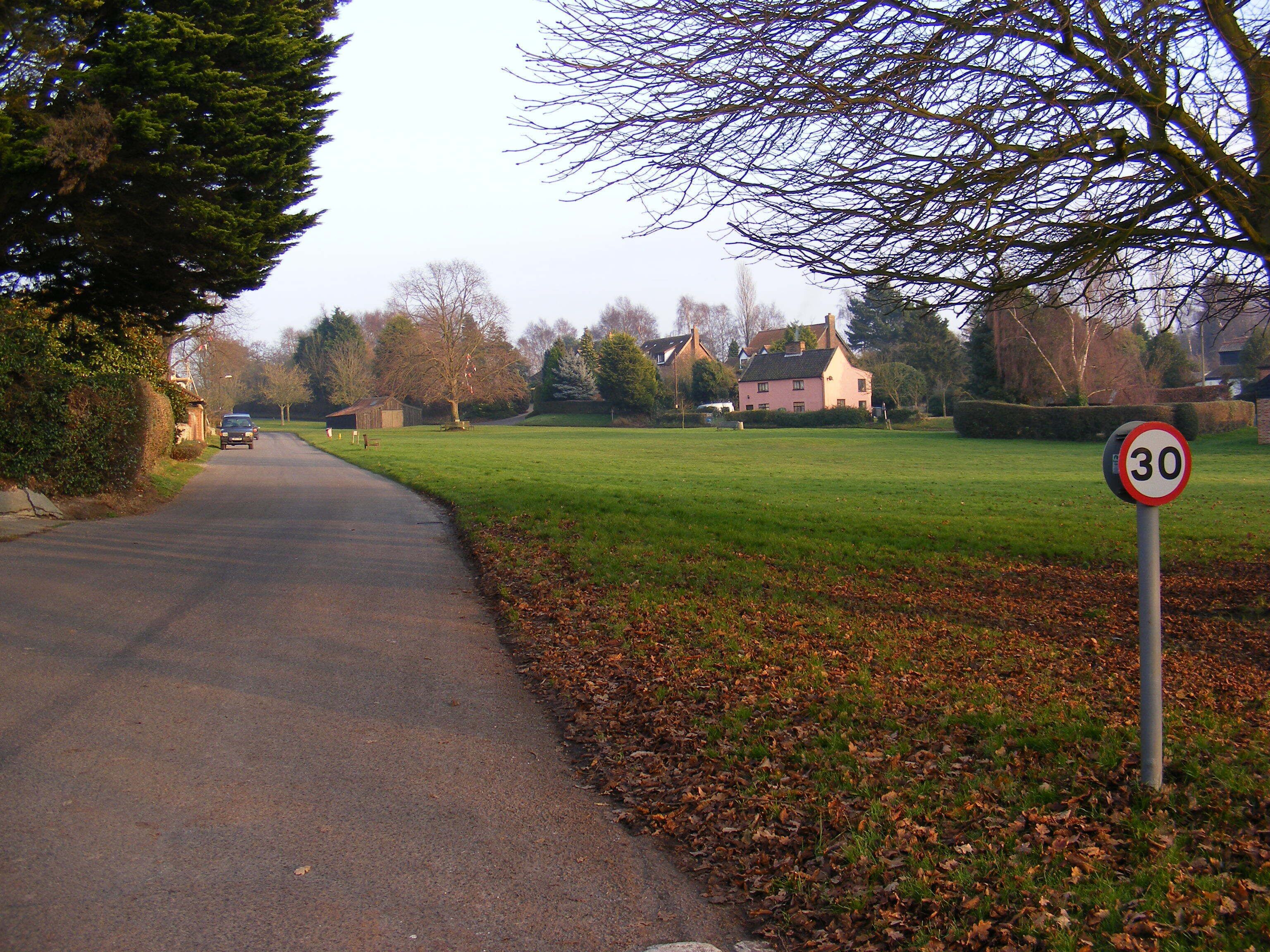 A rural road with a 30 mph speed limit sign, surrounded by trees and houses.