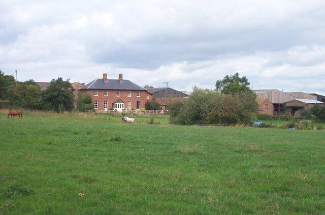 A green field with a red brick house, a white sheep, and a horse in the distance.