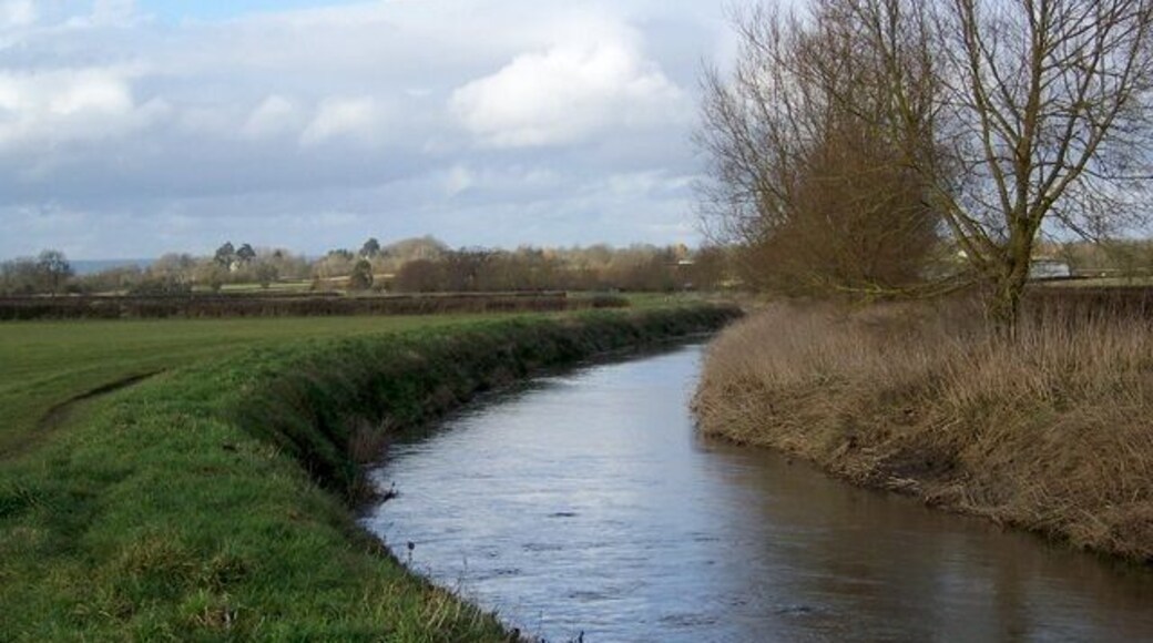 River Brue, Barton St David Looking from beside Tootle Bridge. A footpath runs along the edge of the river that takes walkers towards Catsham.