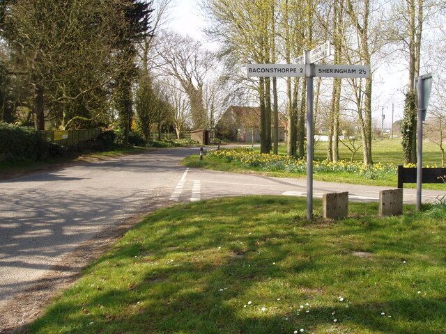 Road to the seaside Turn right and the Norfolk seaside Sheringham is not too far away. Springtime in and around this area of West Beckham is ablaze with fields of yellow - rape crops or the commercial growing of daffodils.