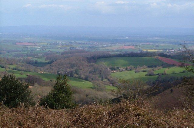 Aisholt from the Quantock crest. From the Macmillan Way West as it runs beside a wood on the ridge top of the Quantocks between Wills Neck and Lydeard Hill. The tower of 103334 is beside Aisholt Wood.