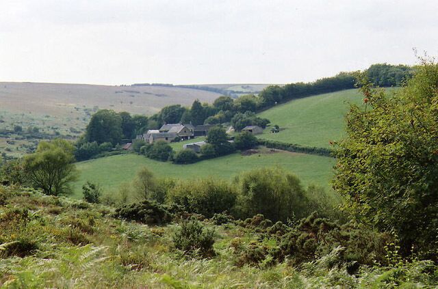 Rolling green hills, a small cluster of houses, and dense shrubbery.