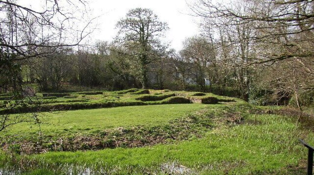 The ruins of Penhallam Moated Manor House. Penhallam is now looked after by English Heritage. It is a beautiful spot in a wooded valley. The ruins are of a rare Cornish moated manor house built in the 13th Century. It fell into ruin by the mid 14th Century and lay undiscovered until the 1960s when the land was being cleared for conifer forestry.