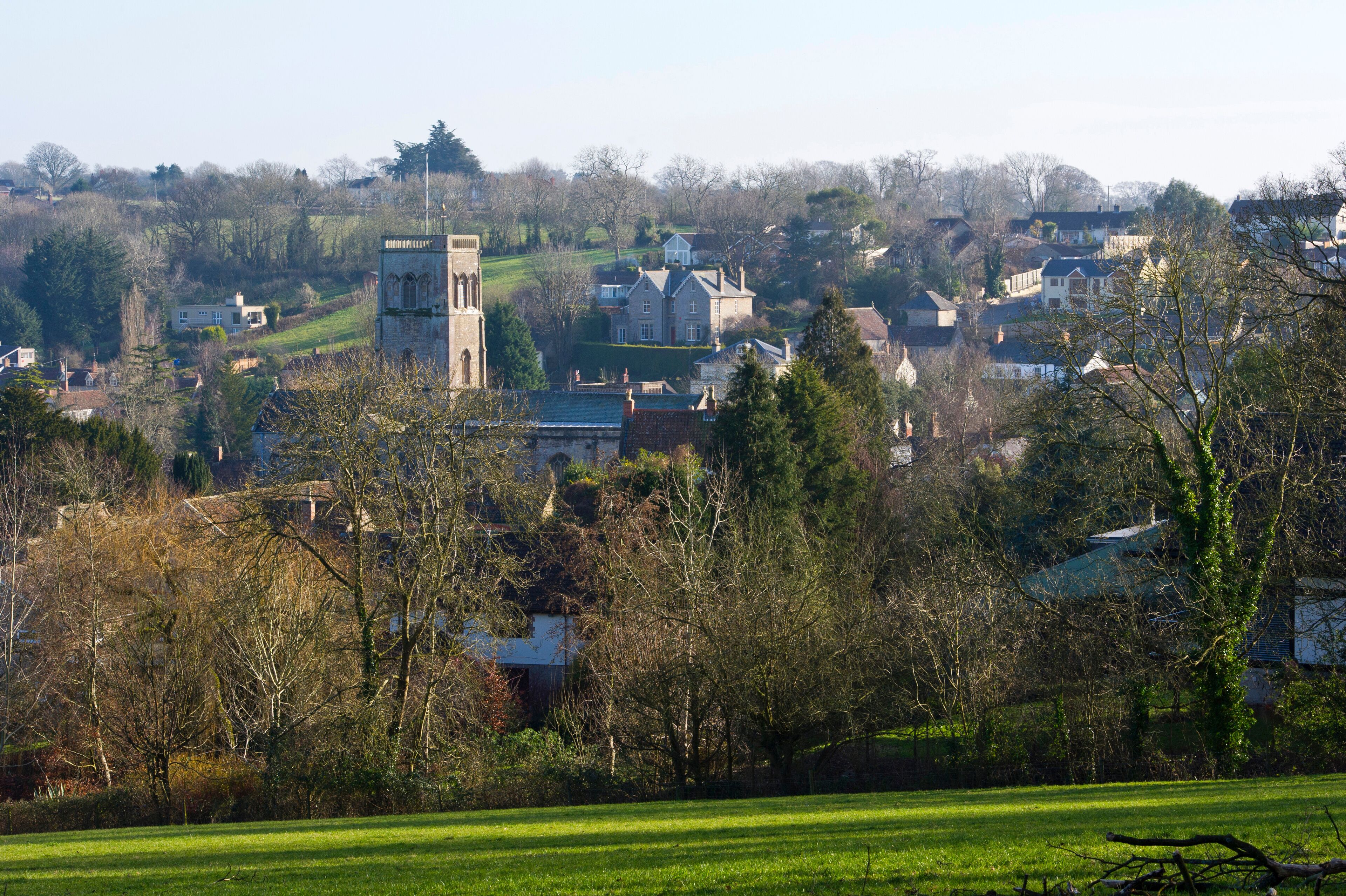 A village with a prominent church tower, houses, and a green field.