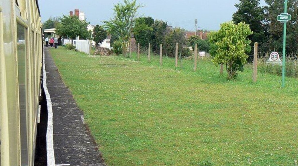 Washford WSR station, Washford Looking north-east along an unusually wide platform laid to grass. The shot was taken from near the front of the train to Minehead at the end of the line to the west three more station stops away.