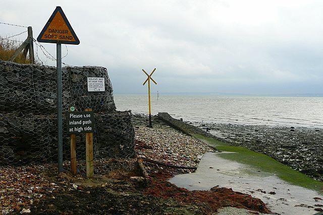 Outfall at Solent Breezes holiday village. This part of the outfall is just in this square, with SU5003 starting at the end of the concrete. The coastal path goes along the shoreline here, if the tide is out, but walkers are being advised to use the inland route to our left when the tide is in. For other pictures of the outfall and a description, see these by Martin Speck 1589665 and 1589657