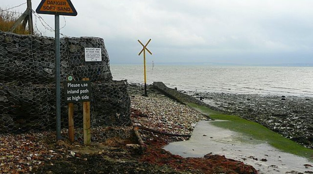 Outfall at Solent Breezes holiday village. This part of the outfall is just in this square, with SU5003 starting at the end of the concrete. The coastal path goes along the shoreline here, if the tide is out, but walkers are being advised to use the inland route to our left when the tide is in. For other pictures of the outfall and a description, see these by Martin Speck 1589665 and 1589657
