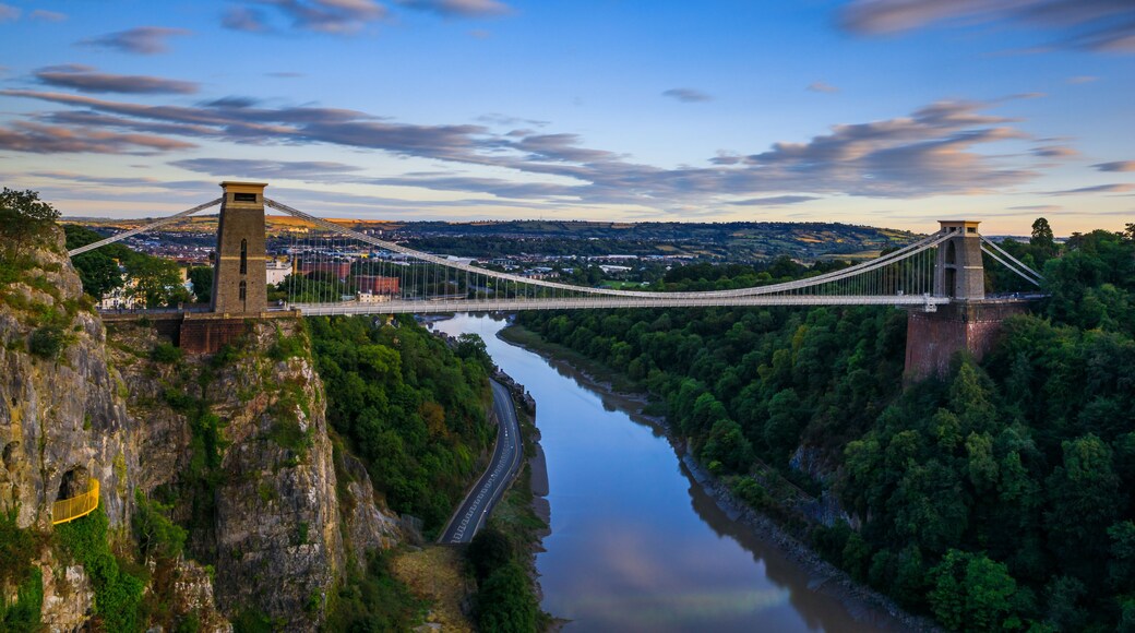 A suspension bridge spanning a river, surrounded by lush greenery and a clear sky.