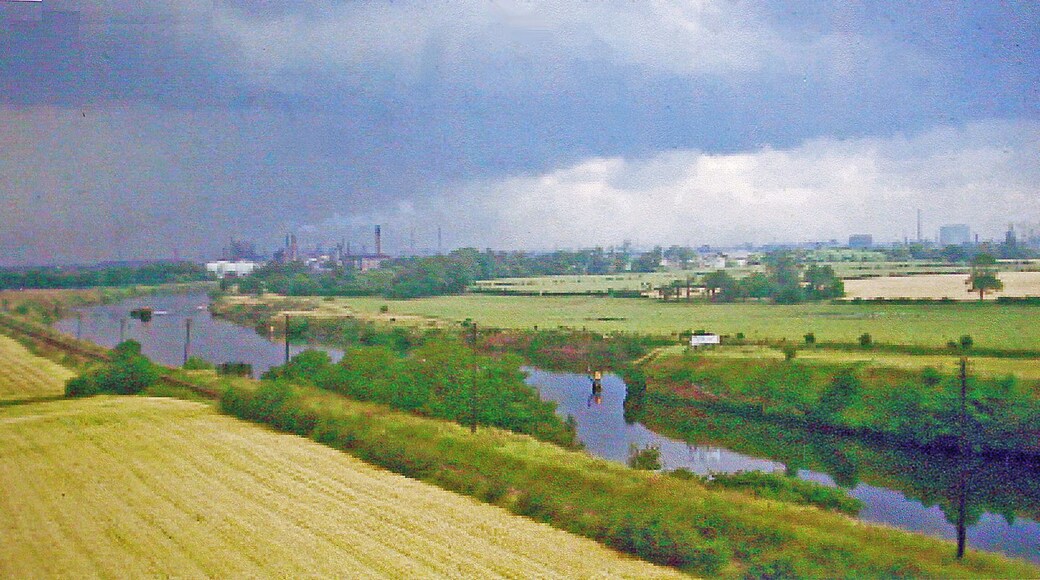 Towards Manchester up the Ship Canal, from Warburton Bridge 1966 View NE towards Partington, Glazebrook and Irlam, with all their Steel and Chemical Works.