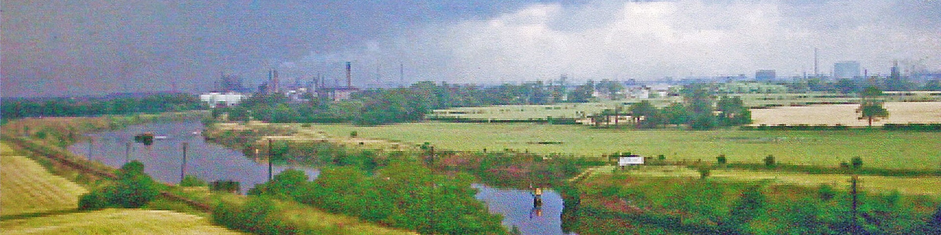 Towards Manchester up the Ship Canal, from Warburton Bridge 1966 View NE towards Partington, Glazebrook and Irlam, with all their Steel and Chemical Works.
