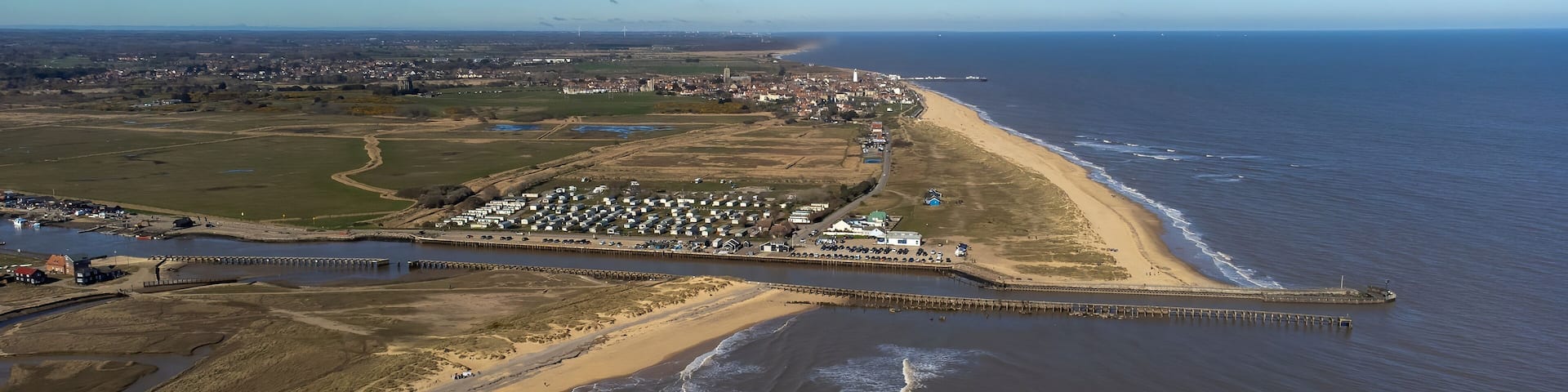 An aerial view of the estuary of the River Blyth at Walberswick in Suffolk, UK