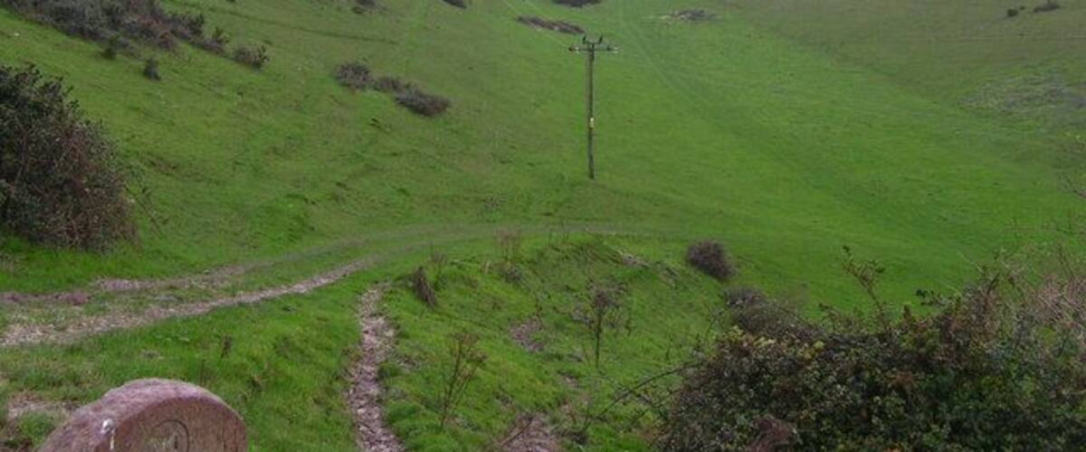 A green valley with a dirt path and a wooden post.