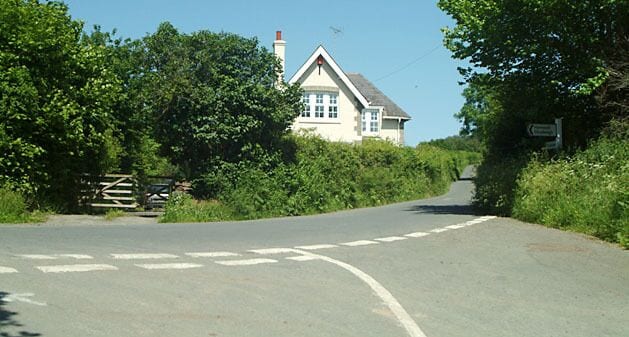 Junction of Farley Hill and Crocombe Bridge. This is the view from the Farley Hill road, just to the east of crocombe bridge, next to the site of the former Trusham railway station.