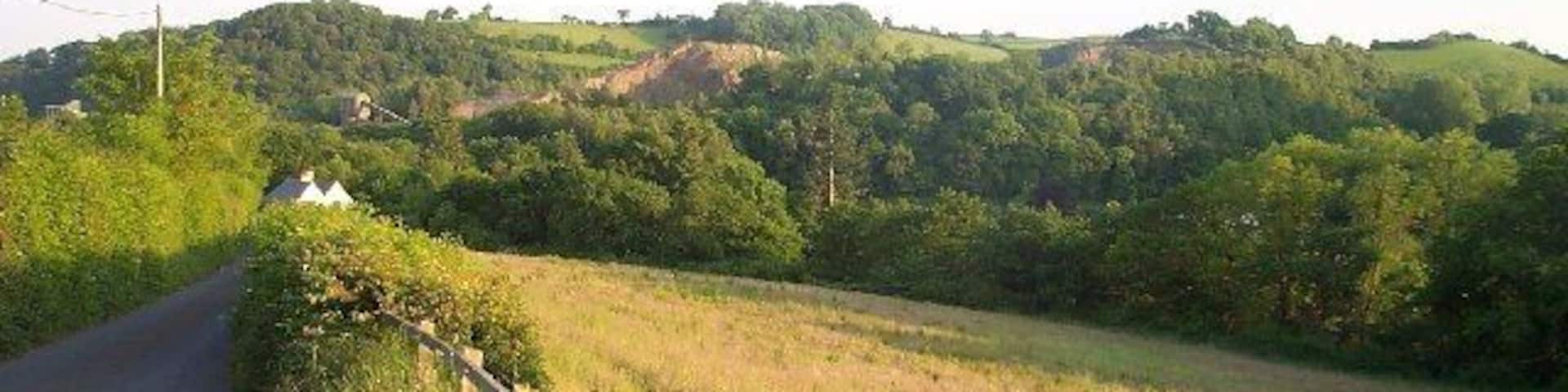 Trusham Quarry. There is a dolerite quarry here - well hidden by the trees. It has won awards for sensitive landscaping. The Teign river flows through the valley.