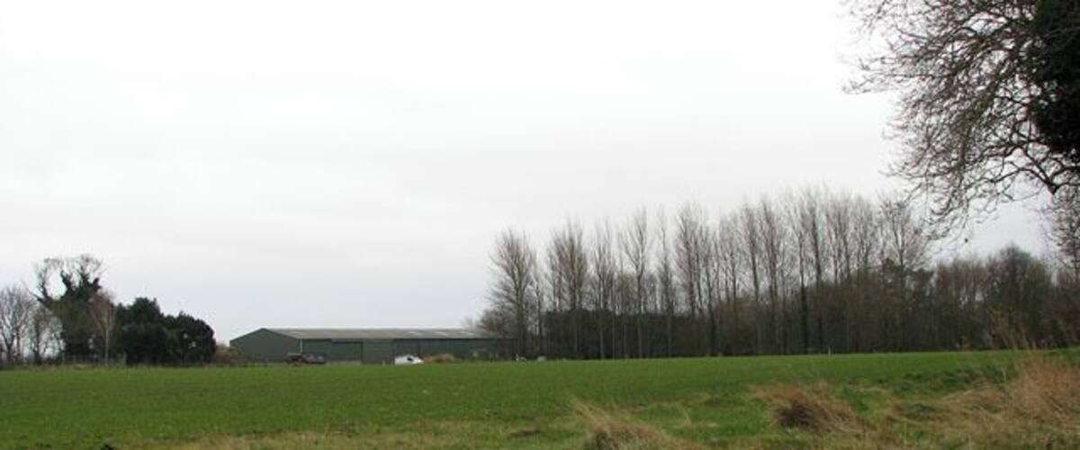A rural landscape with a field, a barn, and leafless trees.