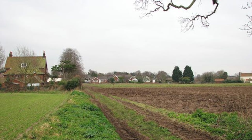 Houses in Brewery Road. Manor farmhouse can be seen at left. This view was taken from Postle's Lane, leading in northerly direction where it meets an unnamed country lane > 1117160. Running parallel to the lane in westerly direction, the path meets another that links back to Brewery Road further to the northwest.