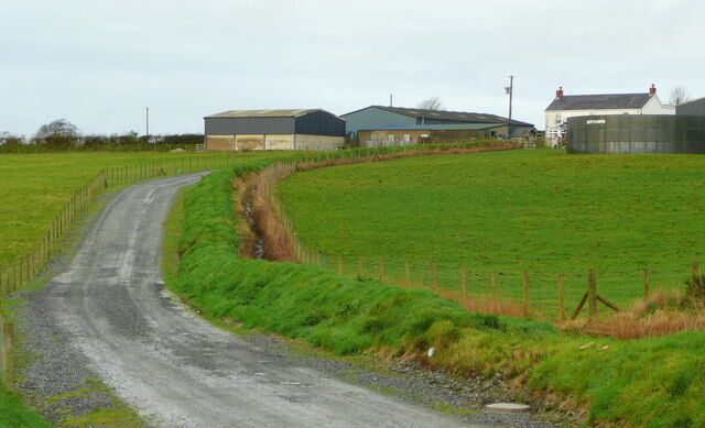 A rural road curving through a green field with farm buildings in the background.