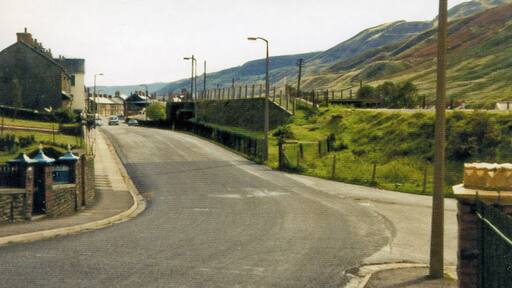 Blaenrhondda station site/remains, 1973. View SE, towards Treherbert: ex-GWR (Rhondda & Swansea Bay) Swansea East Dock - Neath - Treherbert line, which between Blaengwnfi and here passed through the mountain by a tunnel nearly two miles long. The station and line were closed 26/2/68.