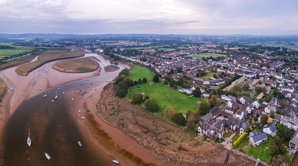 Panorama of River Exe in Topsham and Exeter from a drone, Devon, England