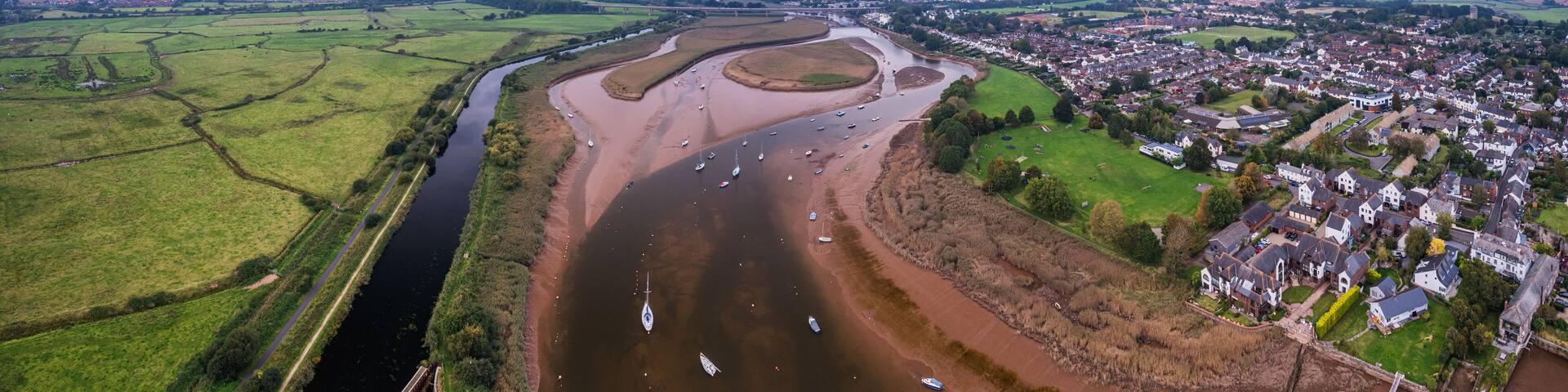 Panorama of River Exe in Topsham and Exeter from a drone, Devon, England