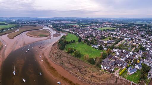 Panorama of River Exe in Topsham and Exeter from a drone, Devon, England