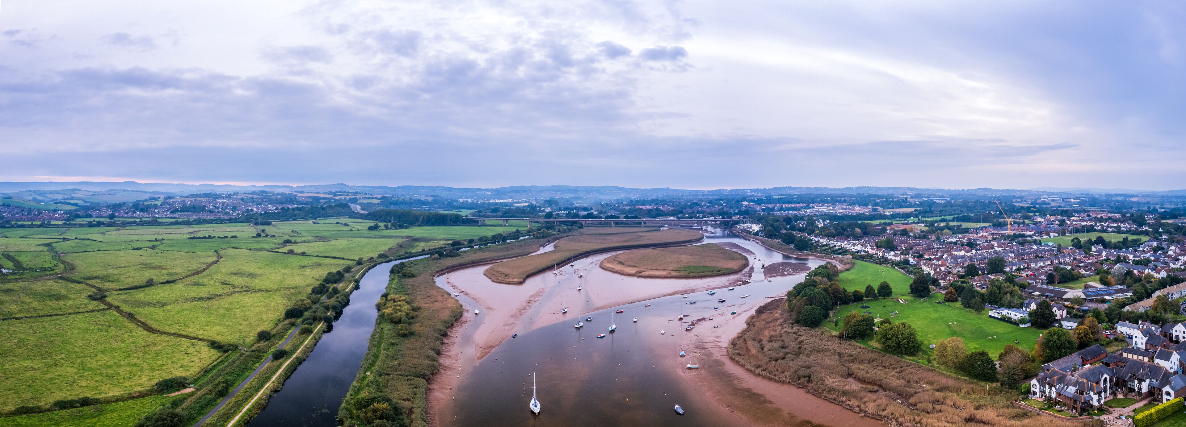 Panorama of River Exe in Topsham and Exeter from a drone, Devon, England