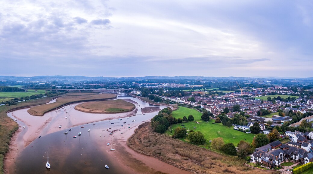 Panorama of River Exe in Topsham and Exeter from a drone, Devon, England