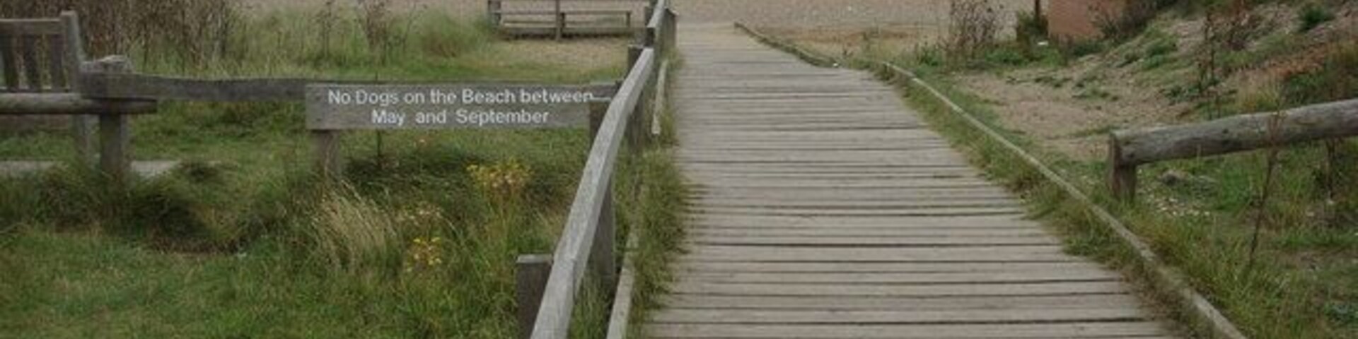 Un paseo marítimo de madera que conduce a una playa, con un cartel que dice: 'No se permiten perros en la playa de mayo a septiembre'.