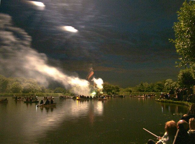 Thorpeness Meare at night It was totally dark - this shot is entirely lit by an overhead firework. Smoke patterns in the sky show where the previous firework burst. Many spectators insist on getting a close view in overloaded rowing boats. The Meare is a man made boating lake, made from a marsh as part of the holiday village development in the early part of 20th century.