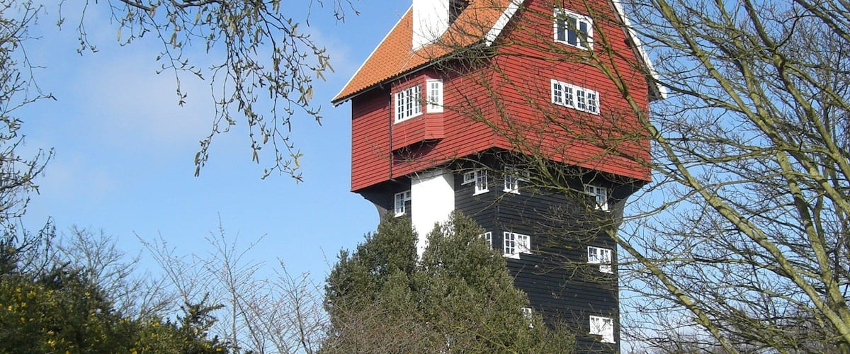 A tall, red-roofed house with white trim, surrounded by trees and yellow flowers.