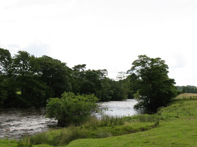 A river flowing through a green landscape with trees and grass.
