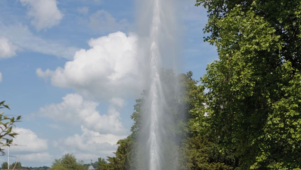 Ein hoher Brunnen in einem Park mit einem historischen Gebäude im Hintergrund.