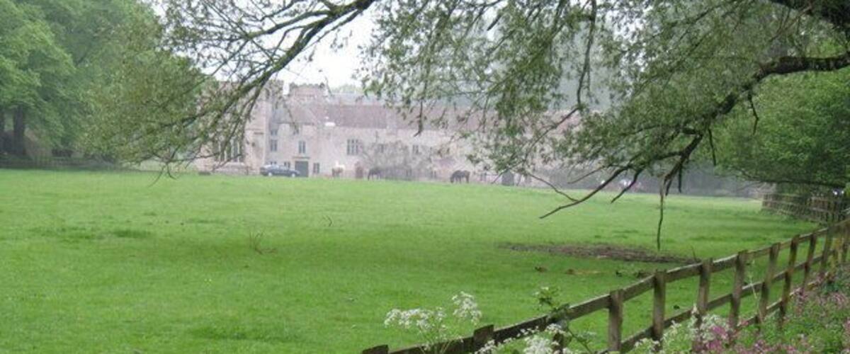 Un campo cubierto de césped con una valla de madera y flores en primer plano, que conduce a un edificio al fondo.