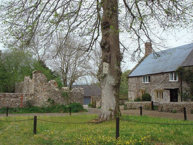 A stone building with a thatched roof, surrounded by a chain-link fence and a tree.
