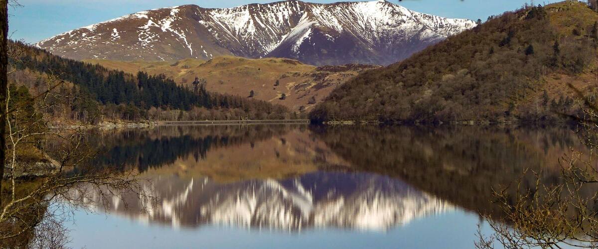 A snow dusted Blencathra, viewed from the side of Thirlmere in the Lake District National Park.