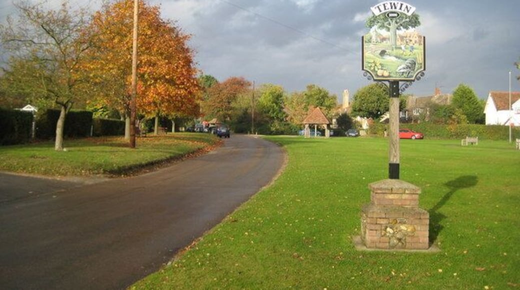 Tewin: The village sign Martin 141082 and Robert 1303488 have already submitted images of the sign, but a brief sunny interval in an otherwise generally overcast day afforded an irresistible opportunity of a duplicate! The sign is actually a Millennium commemoration too with the year 2000 prominent in the display. The main feature in the picture on the sign is the River Mimram. The village of Tewin is actually set some distance away and up the valley slopes from the river.