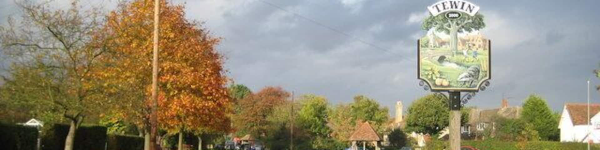Tewin: The village sign Martin 141082 and Robert 1303488 have already submitted images of the sign, but a brief sunny interval in an otherwise generally overcast day afforded an irresistible opportunity of a duplicate! The sign is actually a Millennium commemoration too with the year 2000 prominent in the display. The main feature in the picture on the sign is the River Mimram. The village of Tewin is actually set some distance away and up the valley slopes from the river.