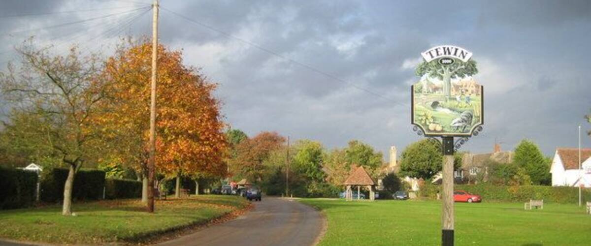 A rural road with a signpost in the center, surrounded by trees and houses.
