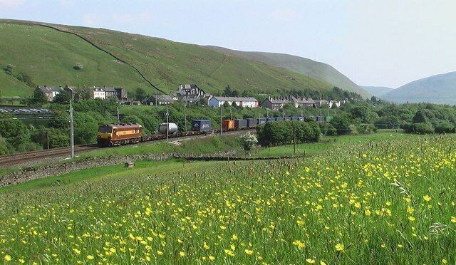 A train on tracks with a town in the background and a field of yellow flowers in the foreground.