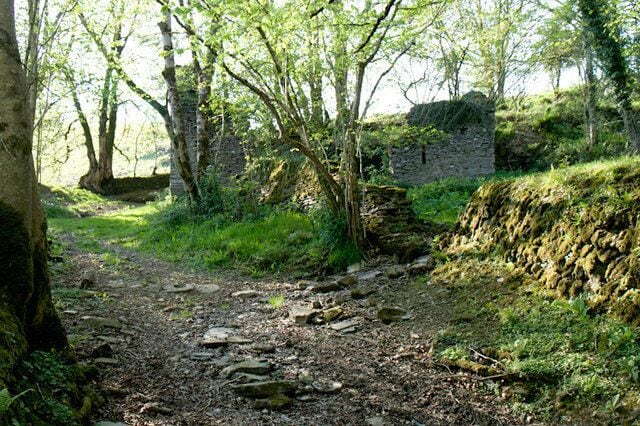 Stoke Mill Lane The lane starts (or finishes) at this group of derelict buildings beside a small river. Could the community have been the eponymous mill?. Although some way from the village of Stoke Rivers it seems to be the nearest source of fast flowing water.
