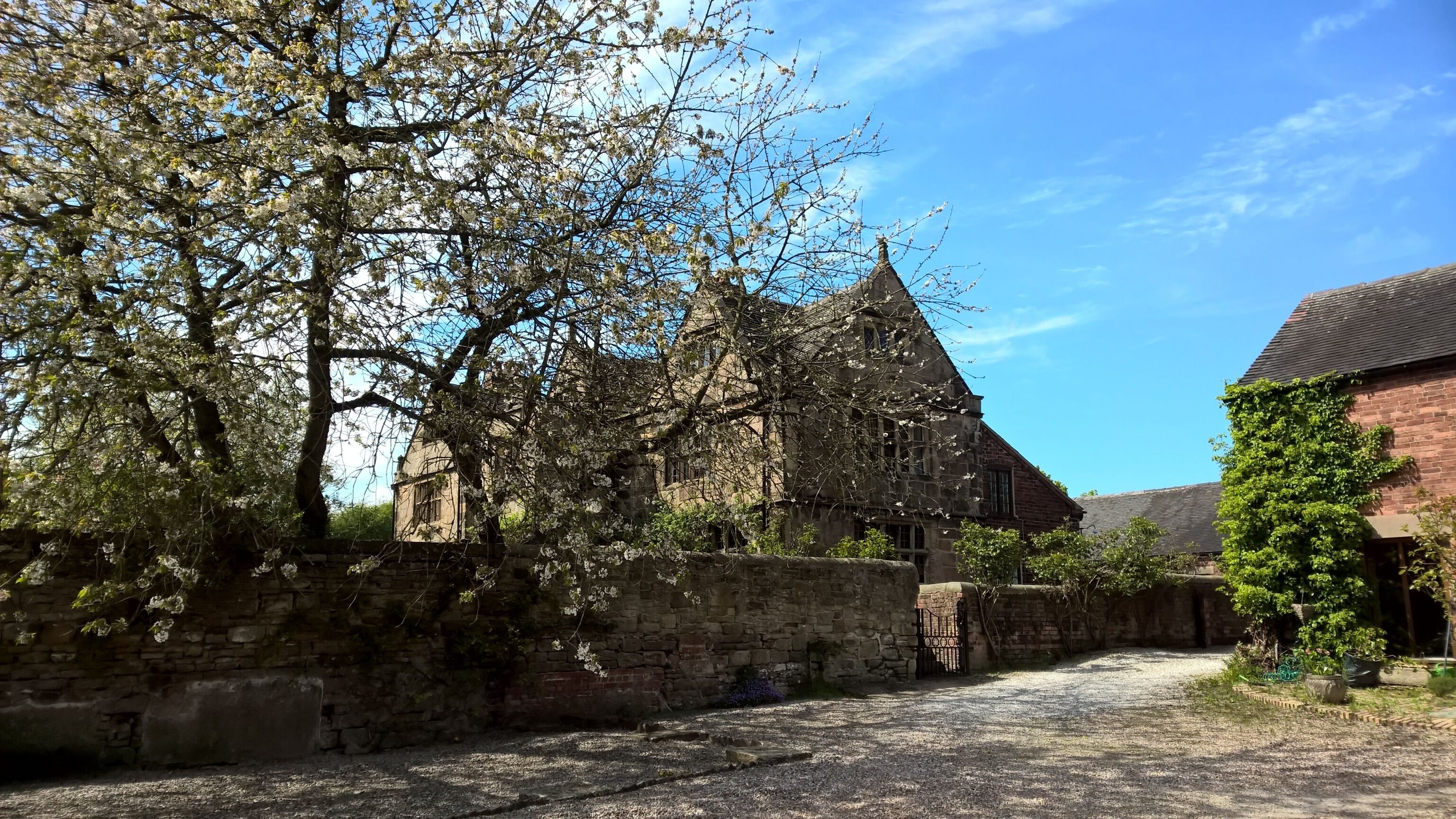 A historic stone building with a steep roof, surrounded by a gravel path and flowering trees.