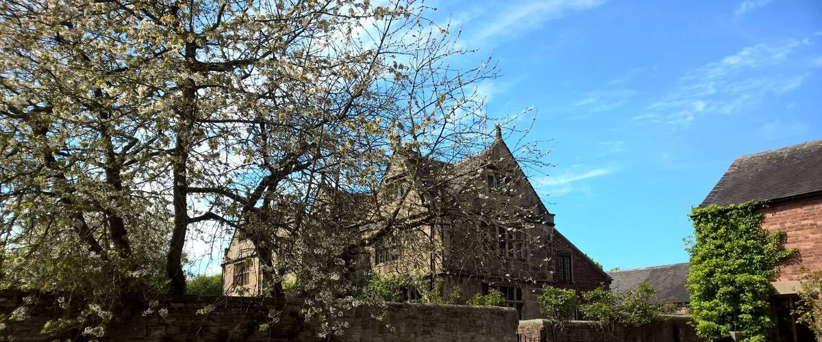 A historic stone building with a steep roof, surrounded by a gravel path and flowering trees.